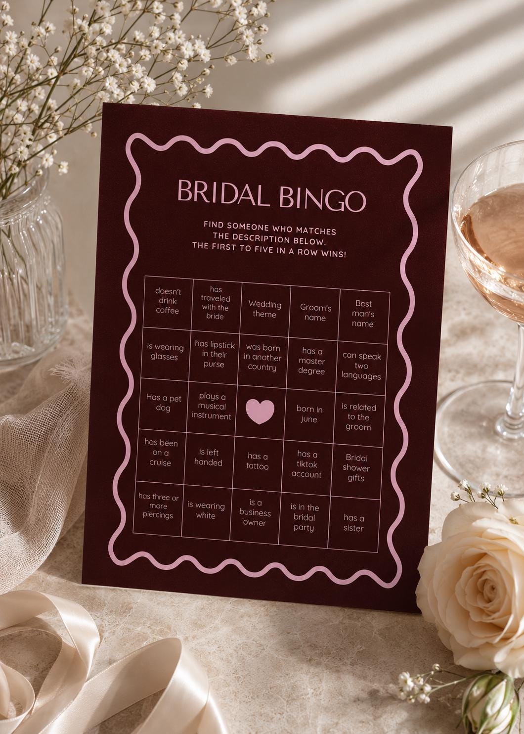 Bridal Bingo Game | Bachelorette Hens Party Activity | Pink Burgundy (Instant Download)