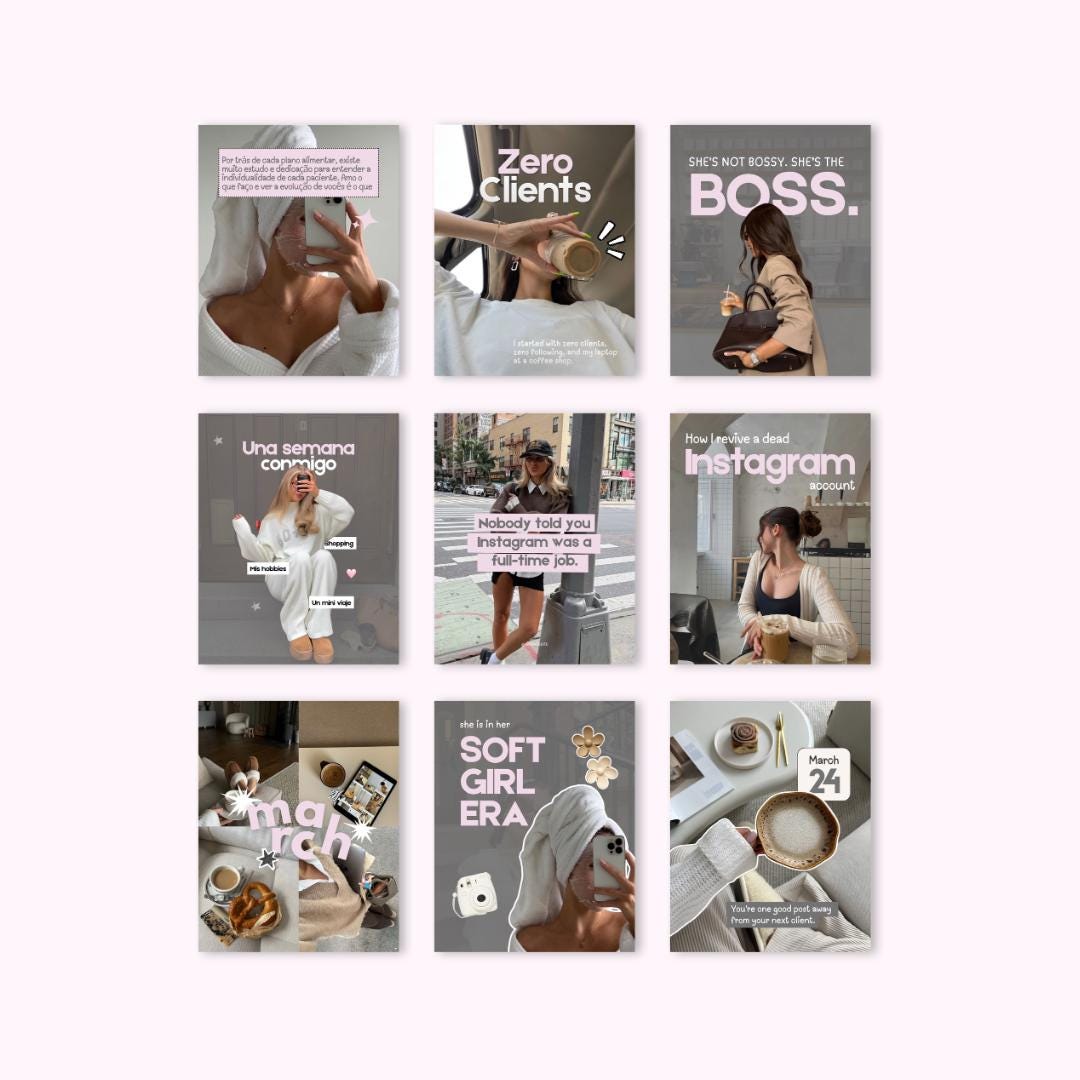 Pink Grey Aesthetic Instagram Coaching Templates, Trendy Modern Pinterest Inspired Pastel Canva Templates for UGC, Content Creator, Viral