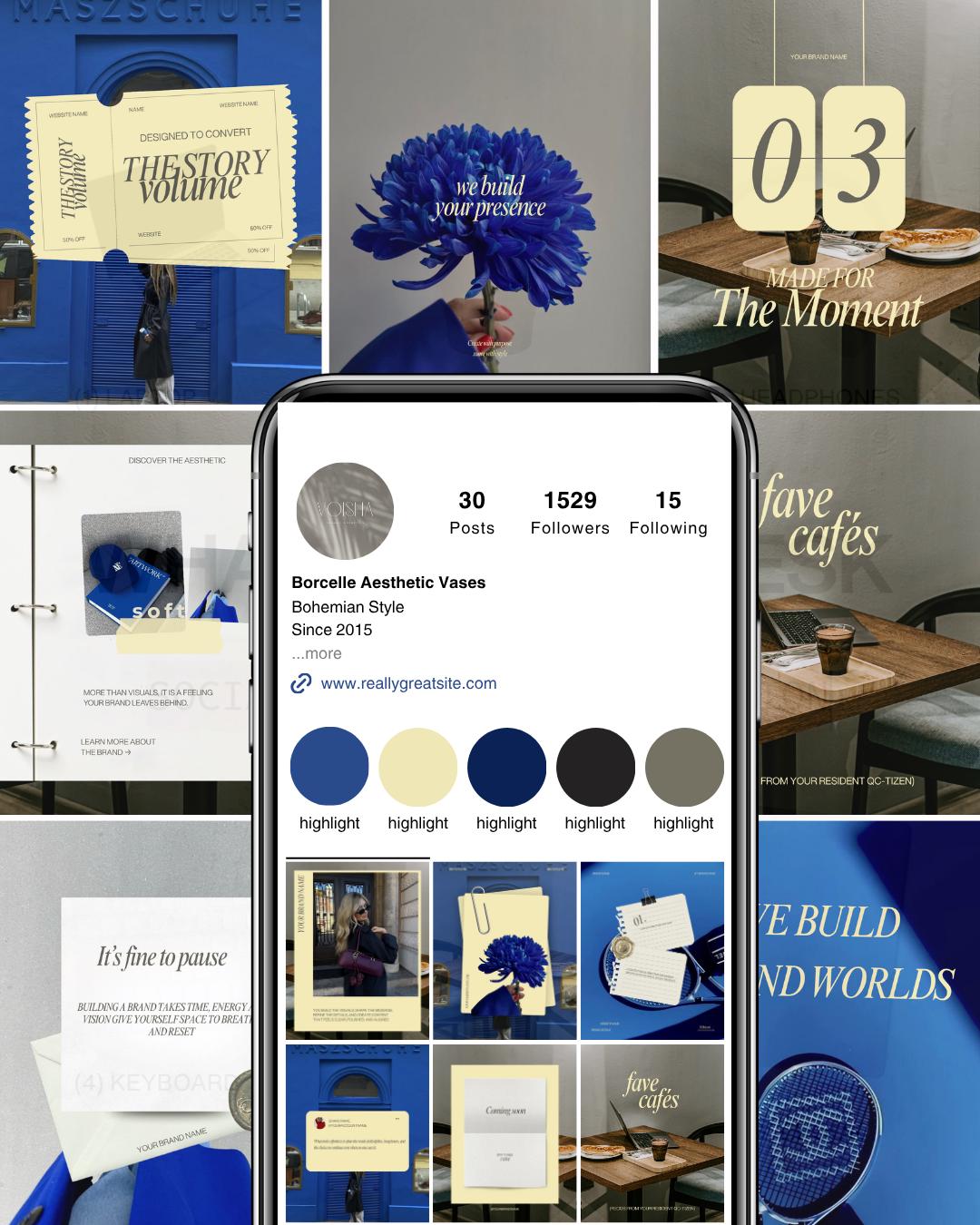 Canva Instagram Templates | Blue Yellow Business Social Media (41 Posts)