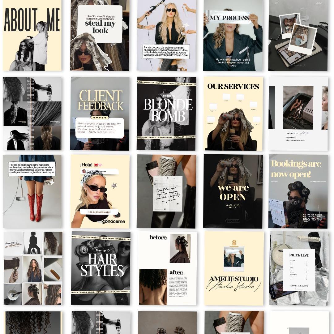 Hair Salon Canva Instagram Templates | Hairdresser Social Media Posts, Hair Stylist Editable Templates, Yellow Black White, Instant Download