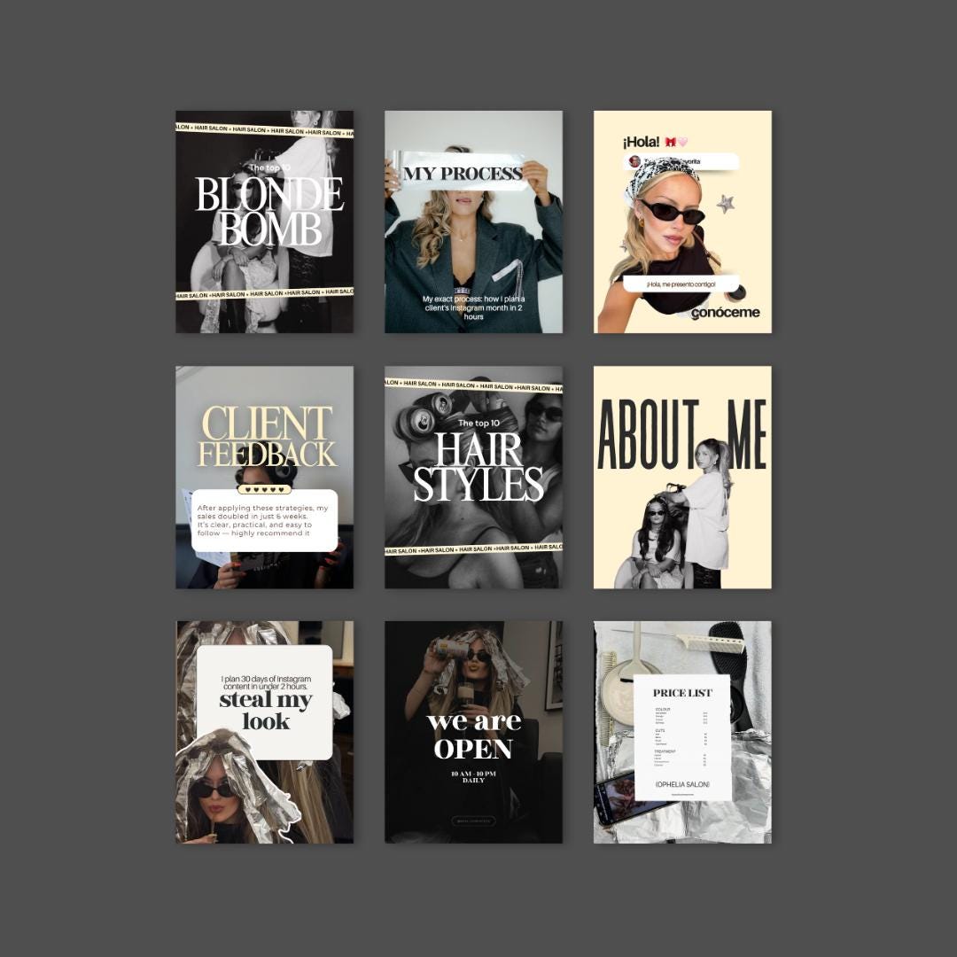 Hair Salon Canva Instagram Templates | Hairdresser Social Media Posts, Hair Stylist Editable Templates, Yellow Black White, Instant Download
