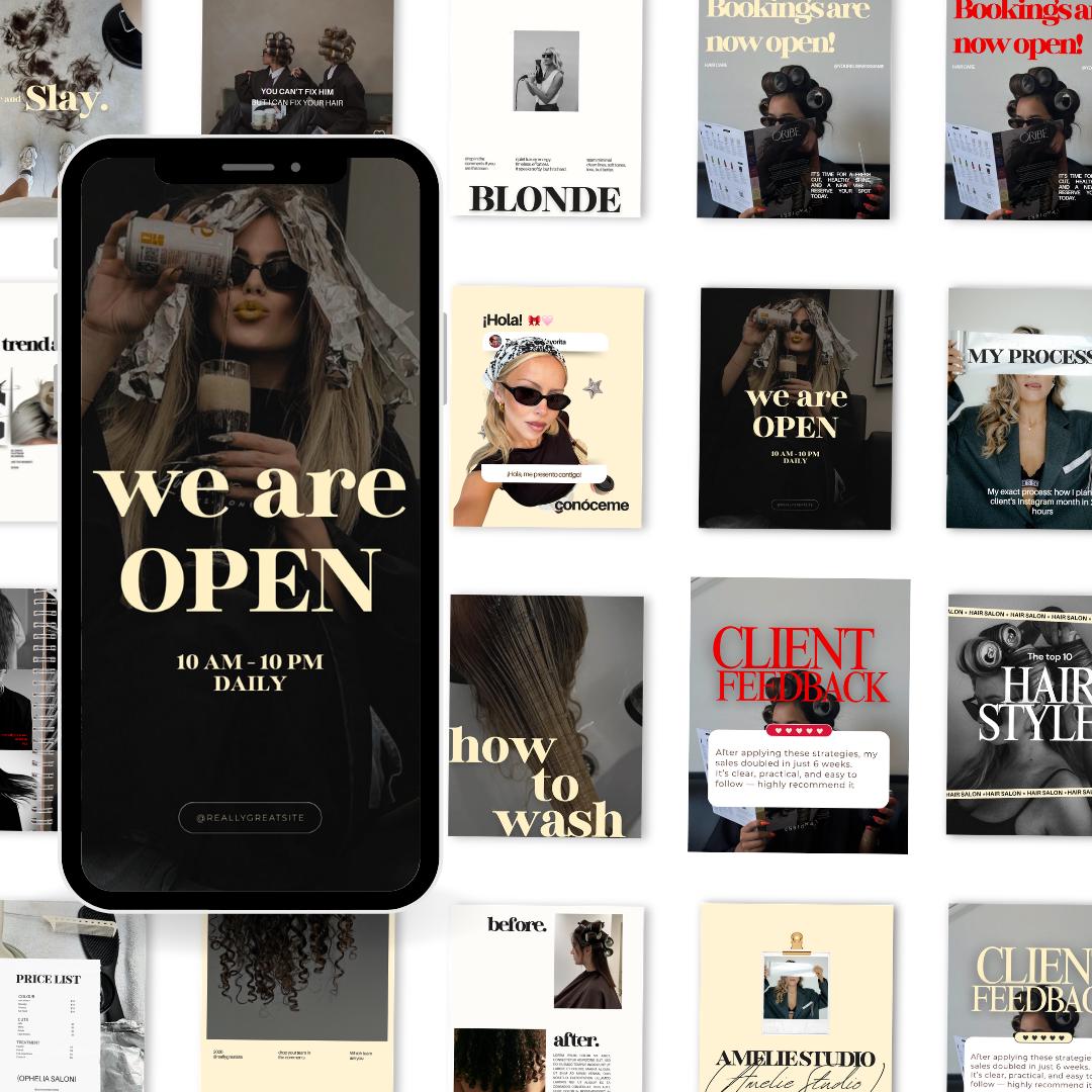 Hair Salon Canva Instagram Templates | Hairdresser Social Media Posts, Hair Stylist Editable Templates, Yellow Black White, Instant Download