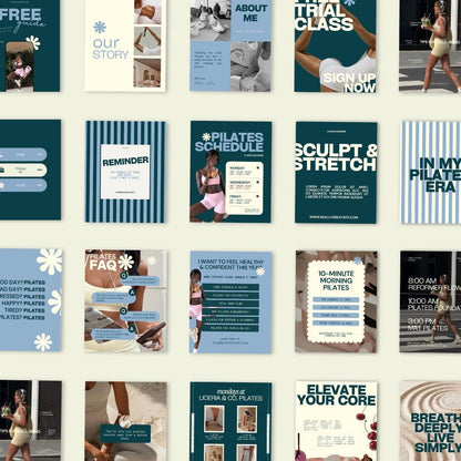 Pilates Instagram Templates | Studio & Instructor Social Media (Canva) Blue, Green, Yellow