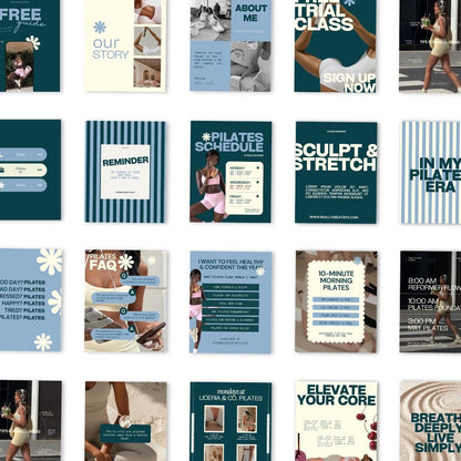 Pilates Instagram Templates | Studio & Instructor Social Media (Canva) Blue, Green, Yellow