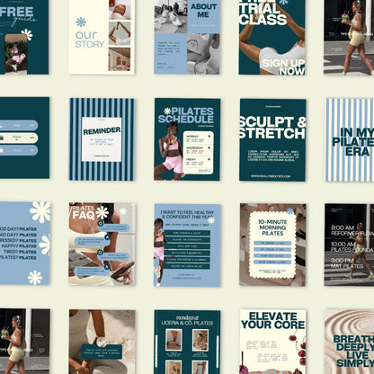Pilates Instagram Templates | Studio & Instructor Social Media (Canva) Blue, Green, Yellow