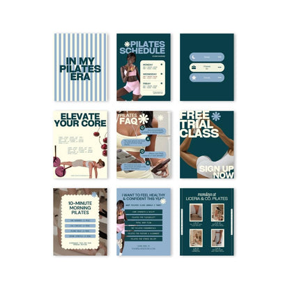 Pilates Instagram Templates | Studio & Instructor Social Media (Canva) Blue, Green, Yellow