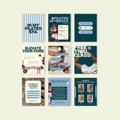 Pilates Instagram Templates | Studio & Instructor Social Media (Canva) Blue, Green, Yellow
