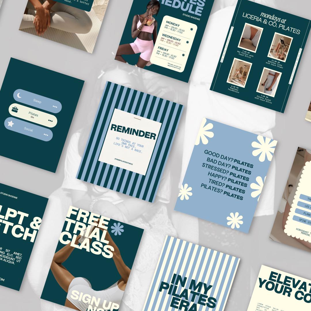 Pilates Instagram Templates | Studio & Instructor Social Media (Canva) Blue, Green, Yellow