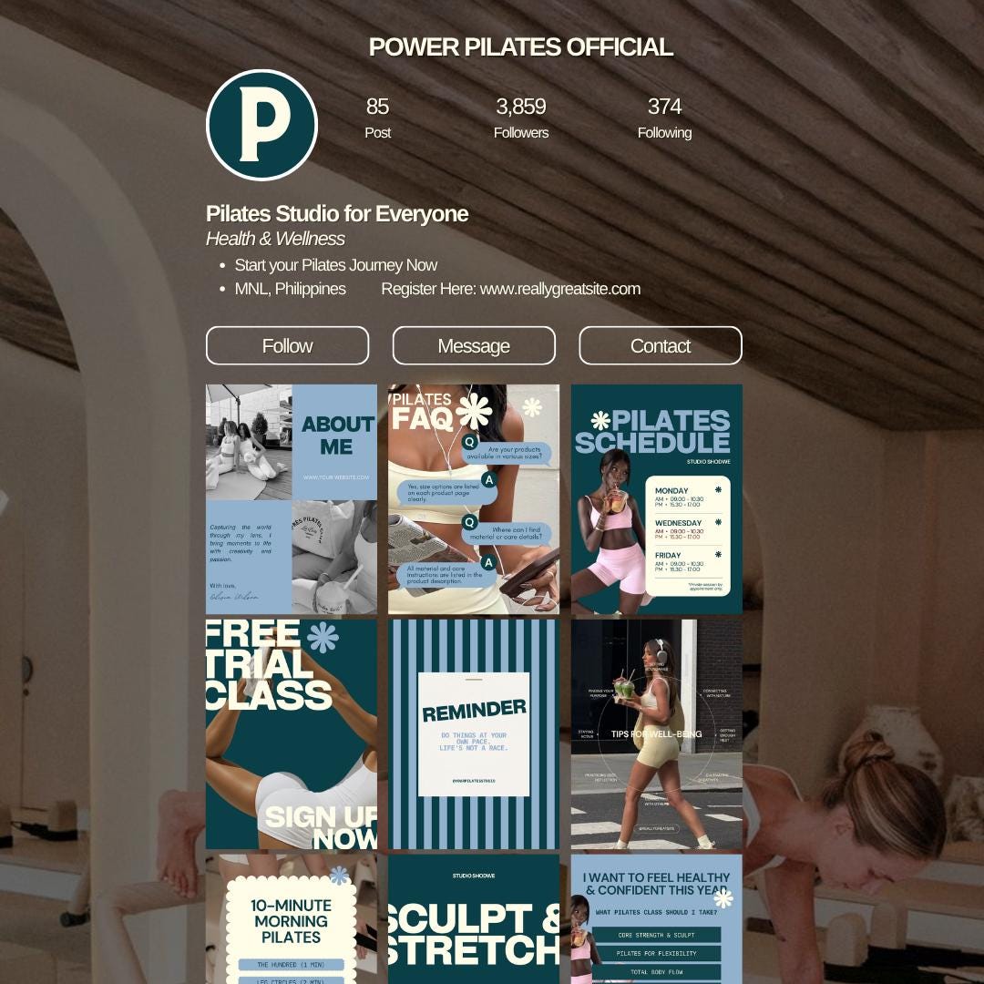 Pilates Instagram Templates | Studio & Instructor Social Media (Canva) Blue, Green, Yellow