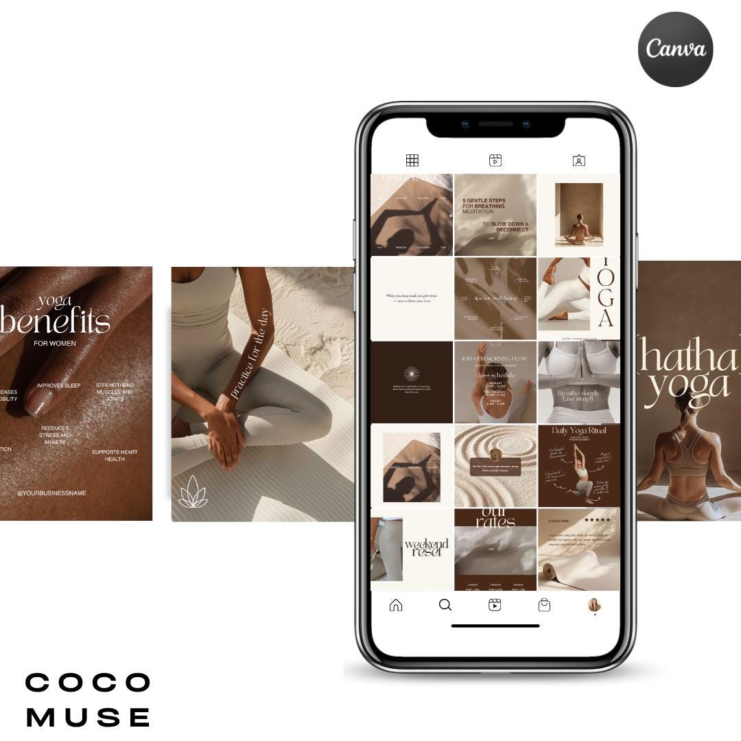Yoga Teacher Instagram Templates | Neutral Canva Social Media Posts (Editable)