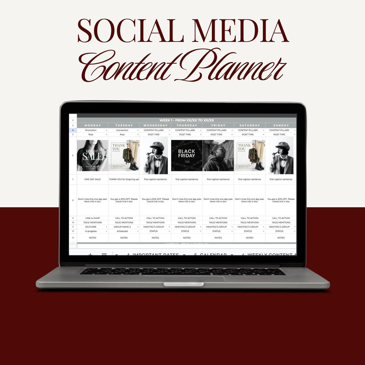 Content Planner Google Sheets, Social Media Content Calendar, Social Media Marketing Planner, Editable and Customizable, Microsoft Excel