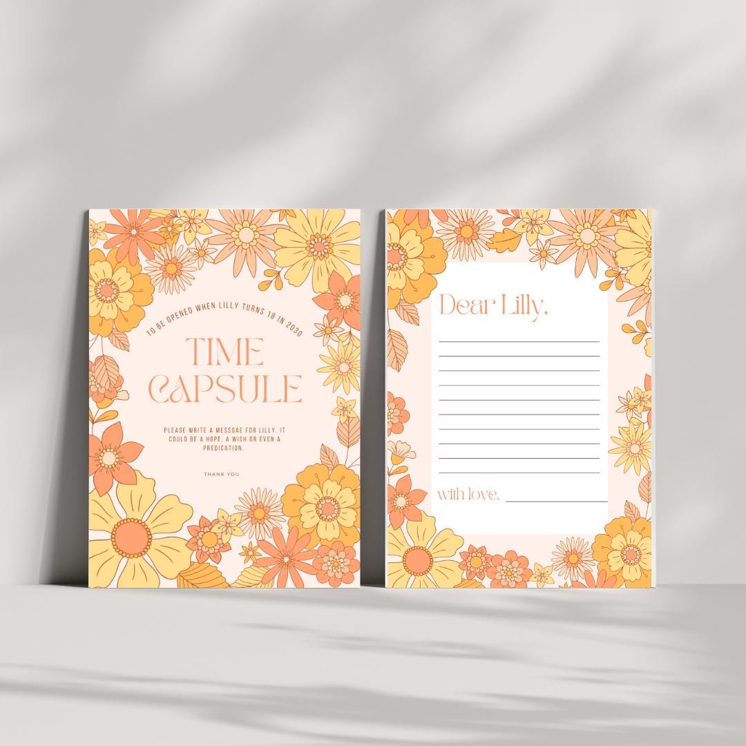Floral 1st Birthday Time Capsule Template, Printable Minimalist First Birthday Guestbook Sign, Editable Capsule Card, Instant Download,