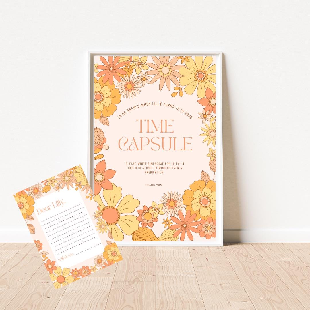 Floral 1st Birthday Time Capsule Template, Printable Minimalist First Birthday Guestbook Sign, Editable Capsule Card, Instant Download,