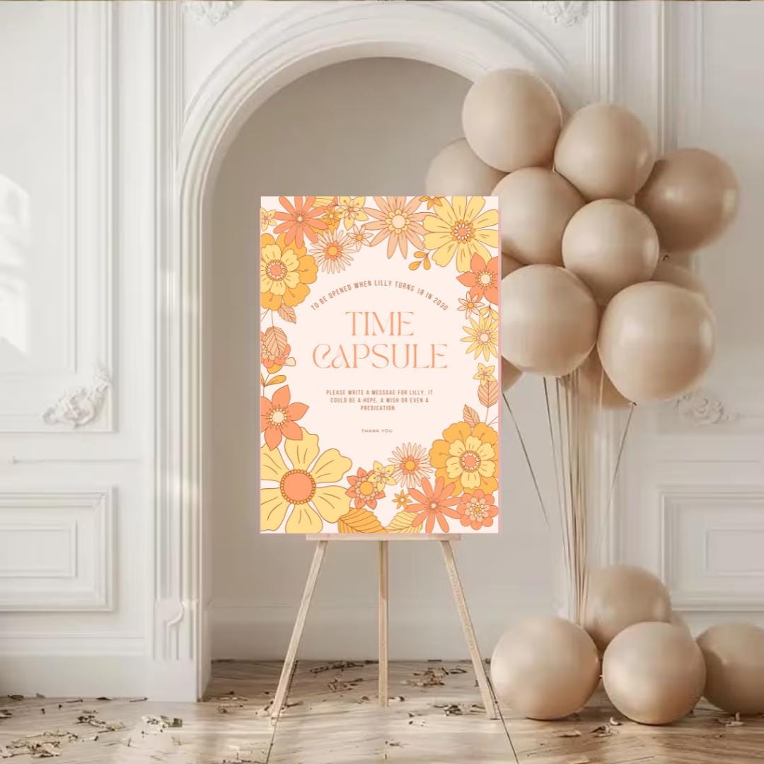 Floral 1st Birthday Time Capsule Template, Printable Minimalist First Birthday Guestbook Sign, Editable Capsule Card, Instant Download,