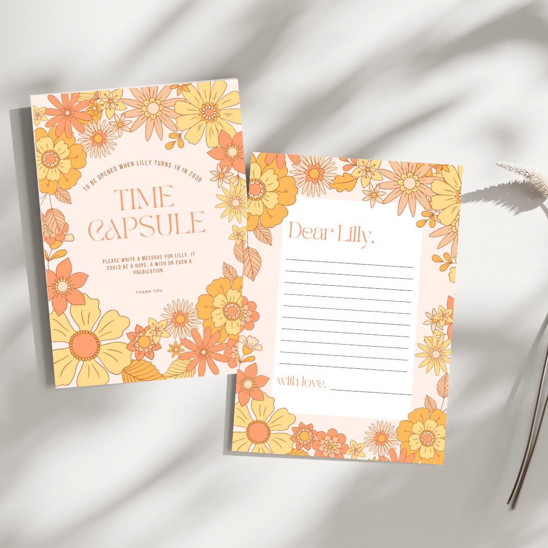 Floral 1st Birthday Time Capsule Template, Printable Minimalist First Birthday Guestbook Sign, Editable Capsule Card, Instant Download,
