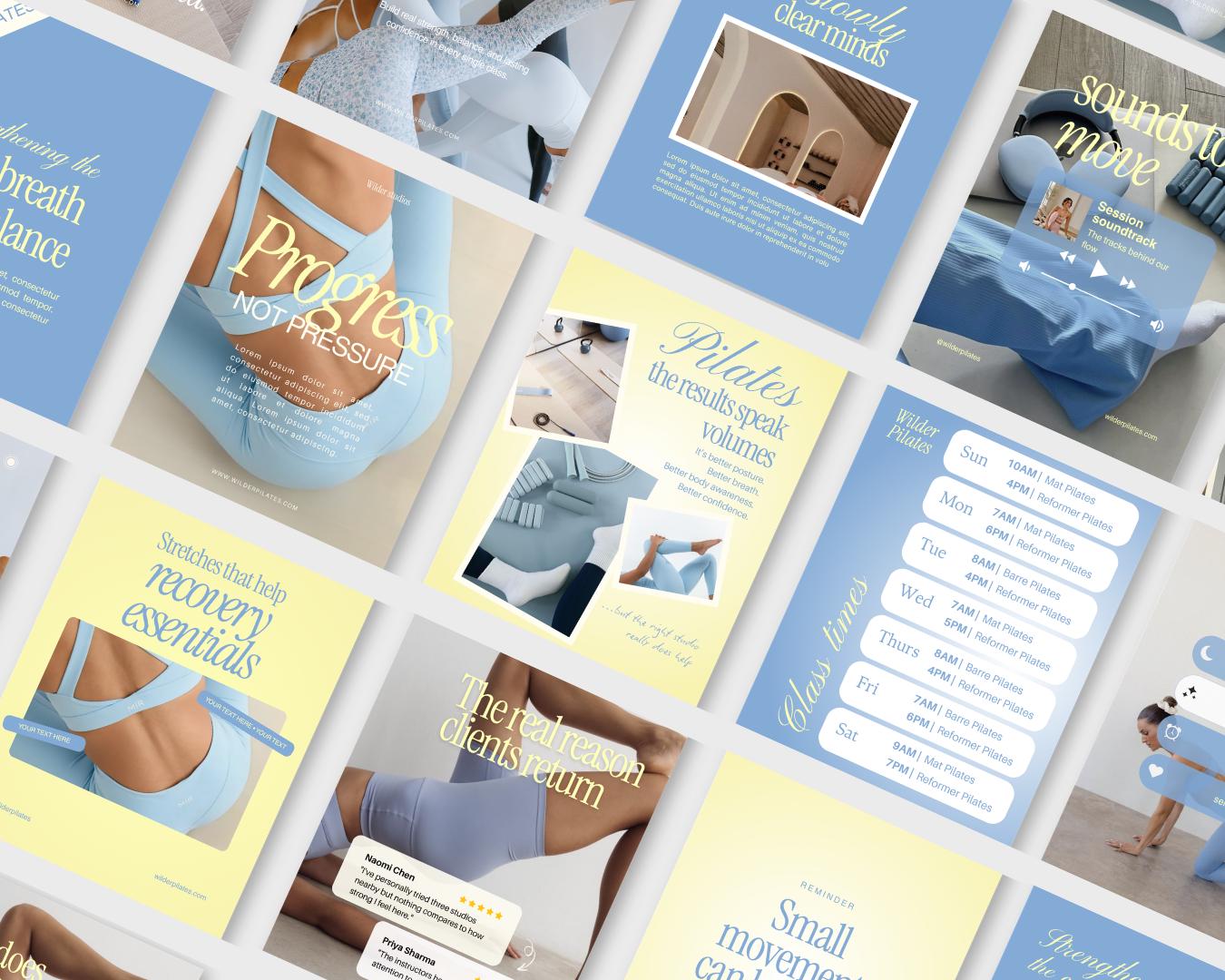 Fitness Instagram Templates | Blue Yellow, Yoga & Pilates (Canva)